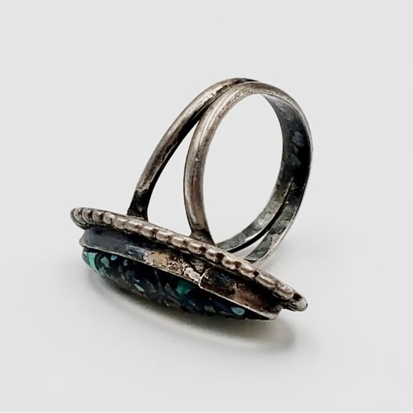 Signed - Pete Morgan, Navajo. Vntg Crushed Turquoise Coral Sterling Silver Ring - Picture 6 of 8